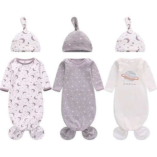 Newborn Knotted Nightgown Long Sleeve with Matching Hat Set 3 Pack, Unisex Baby Sleeper Gowns Coming Home Outfits Set with Mitten Cuffs for Boys Girls