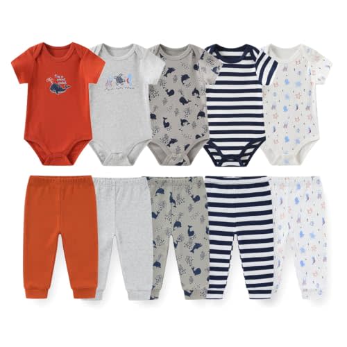 10 Pack Baby Bodysuits and Pants Set Cotton Infant Outfit | unisex,baby pants sets,easy mix & match,all-season wear,baby essentials