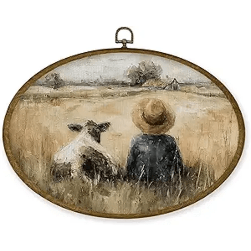 JMENGSSFL Vintage Western Cow Boy Nursery Oval Wall Art Decor, Country Western Canvas Prints, Rustic Farm Boy and Cow Landscape Framed Wall Art for Kids Boys Room Bedroom Decor, 11.4x8.6 Inch