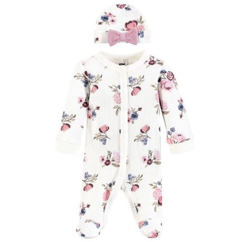 Hudson Baby Girls Thermal Preemie Sleep and Play and Cap Set, Dusty Rose Floral, Preemie