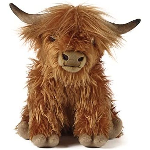 Living Nature Brown Highland Cow with Mooing Sound, Realistic Soft Cuddly Farm Toy, Naturli Eco-Friendly Plush, 9 Inches