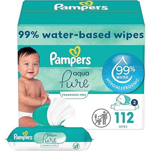 Pampers Baby Wipes Aqua Pure, 99% water-based wipes, Hypoallergenic and Unscented Baby Wipes, 112 Wipes Total (2 Flip-Top Packs)