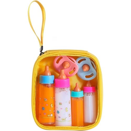 Baby Doll Bottle Accessories - 6 Pcs Feeding Bottle Toys, Magic Disappearing Milk & Juice, Pretend Play Set with Pacifiers Kids Gift Yellow