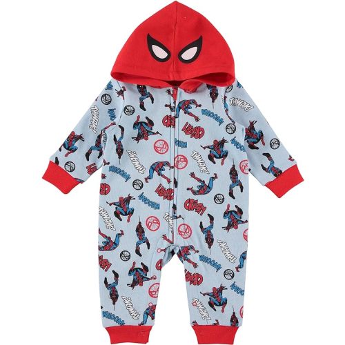 Spider-Man Baby Boys Bodysuit One Piece - Long-Sleeve Hooded Fleece Jumpsuit - Newborn Boy Clothes
