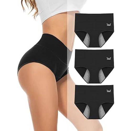 PULIOU Period Underwear for Women Heavy Flow High Waisted Menstrual Panties Teens Cotton Postpartum Hipster 3 Pack Black