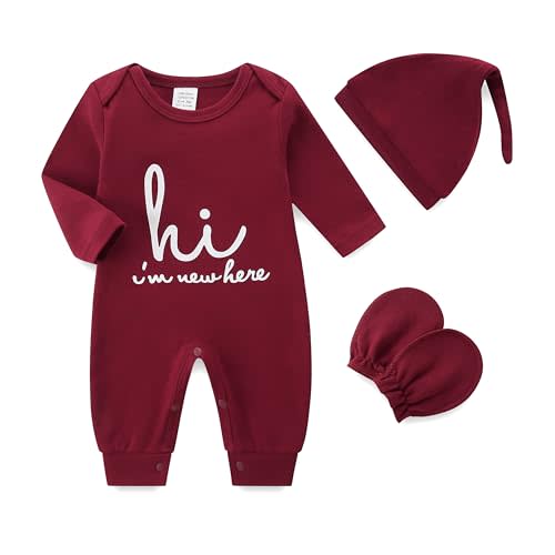 Newborn Baby Romper Cotton Coming Home Outfits Hi Im New Here with Hat Gloves Long Sleeve Solid Onesie