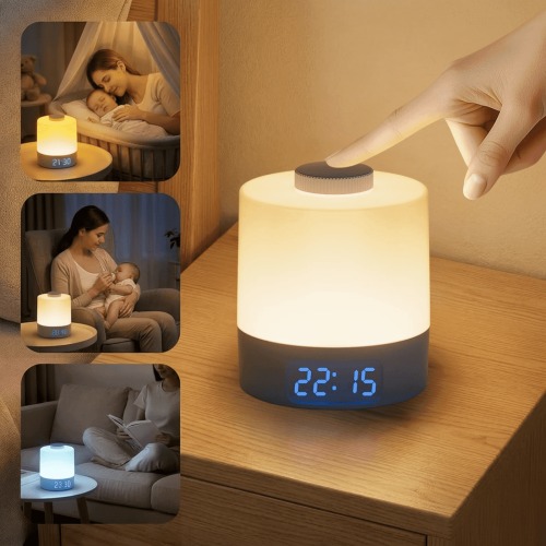 Night Light for Kids & Adults – 3-Color Rechargeable LED Lamp with Stepless Dimming, Touch Control, Digital Clock & Shake-to-Wake, Portable for Breastfeeding, Bedroom, Travel – Blue