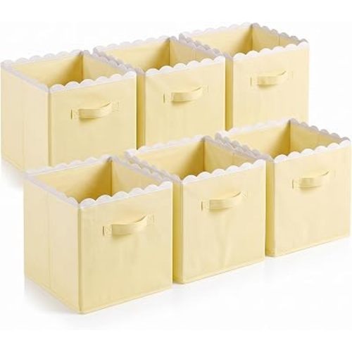 Yalikop 6 Pcs Light Yellow Scalloped Cube Storage Bins 11 Inch Fabric Storage Basket with Handle Collapsible Clothes Closet Organizer Bin for Classroom Books Toy Box Nursery School Organizing