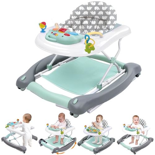 Foldable Baby 5-in-1 Activity Walker - Rocker, Activity Center, Bouncer, Seat Walker, Push Walker - Adjustable Speed Rear Wheels and Height Toys Ages 6-18 Months… (Mint Green)