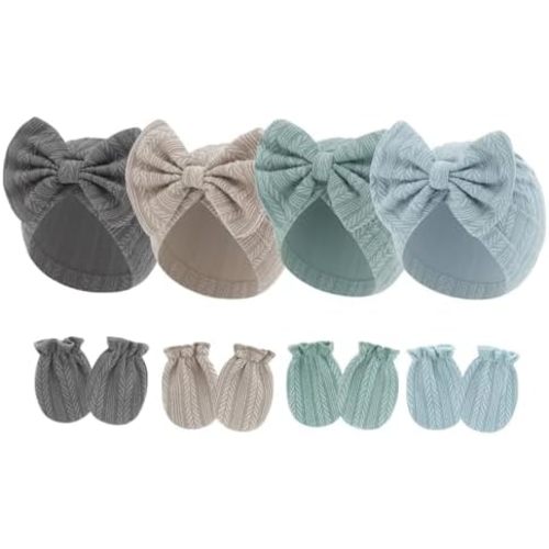 4 Pcs Newborn Hats Mittens Set Infant Cap Bow Hospital Beanie Preemie Hat for Baby Boy Girl 0-6