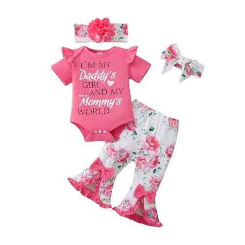 SUNNY PIGGY Newborn Baby Girl Clothes Infant Outfits Romper Floral Fall Outfit Bell Bottoms Pant Sets Hat Headband Flowerpant
