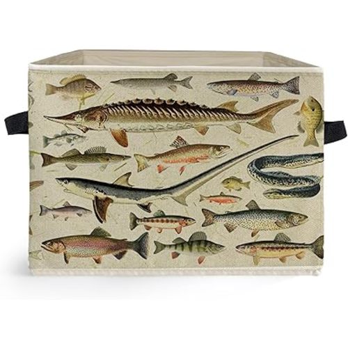 Vintage Fish Coastal Beach Storage Box Bins, Fish Lover Gifts Collapsible Storage Basket Organizer for Bedroom Laundry Room Home Cabin Clothes Toys Books, Toybox for Boys