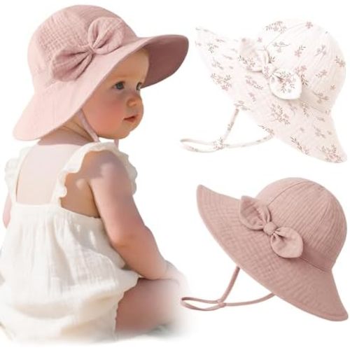 Konssy Muslin Baby Sun Hat 2-Pack, UPF 50+ Sun Protection Wide Brim Summer Beach Hat, Bucket Hat for Girls and Boys