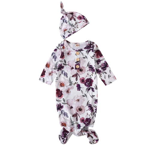 WIBACKER Baby Girls Nightgowns Milk Silk Sleeper Bag Newborn Coming Home Outfits Floral Knotted Gown with Hat