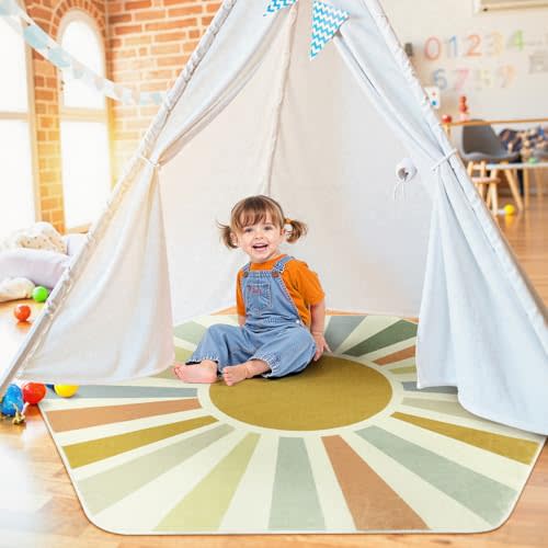 STARUIA Boho Washable Rug for Kids Play Room, 4'x 4'7" Hexagon Tent Colorful Sun Nursery Corner Rugs for Girls Boys, Ultra Soft Non-Slip Sunshine Carpet Play Rug for Princess Room Decor Classroom