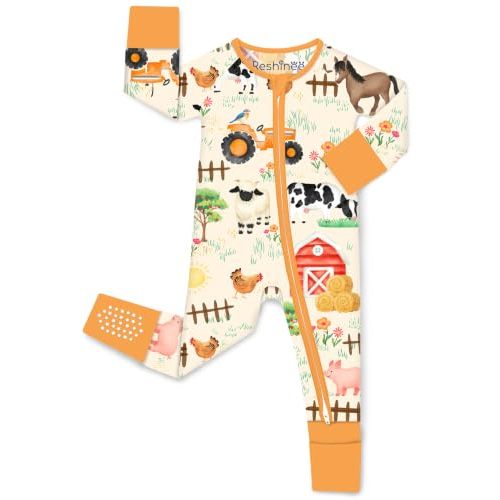 babee Reshinee Bamboo Viscose Baby Footie Pajama, Zipper Sleeper Boys Girls | Sleep & Play Romper with 2-Way Zipper, Fold-Over Mittens & Foot Cuffs with Grips, Tagless, Convertible, All-Season, 0-24M