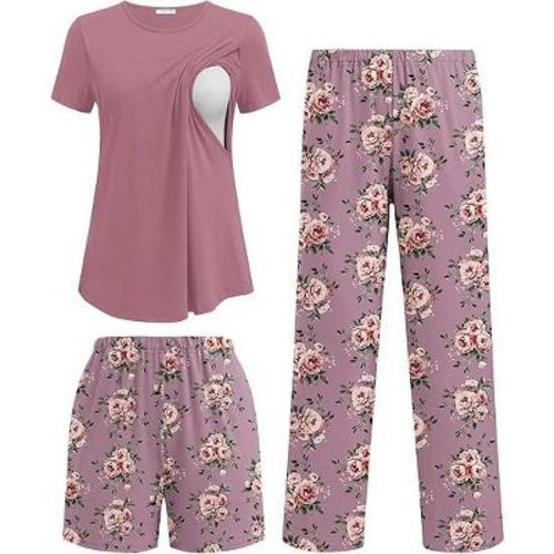 Ekouaer 3 Piece Maternity Pajamas Set Postpartum Nursing Short Sleeve Breastfeeding Sleepwear Pregnancy Shorts & Pants Pjs Pink Purple-Flower S