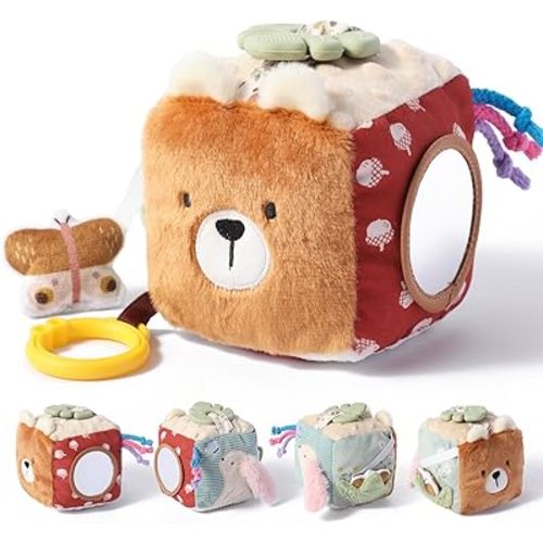 let's make Bear Baby Activity Cube for Babies 0-12 Months, Soft Activity Block Toy with Food-Grade Teether & Baby-Safe Mirror, Tummy Time Crinkle Toy for Infants Boys Girls