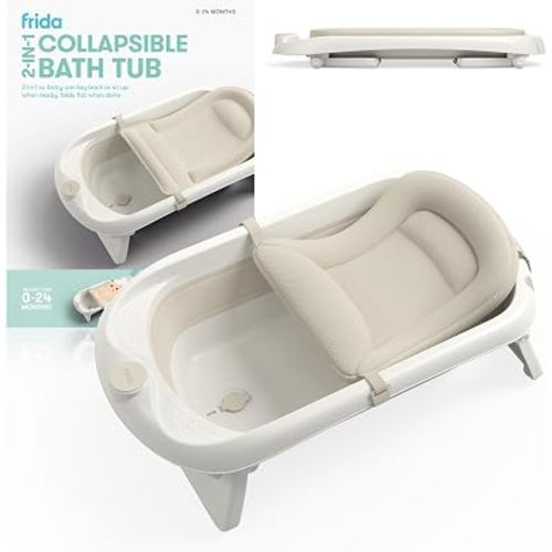 Frida 2-in-1 Collapsible Baby Bath Tub, Removable Support Sling, 0-24 Months