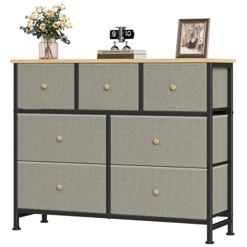 OLIXIS 7 Drawer Fabric Dresser, Storage Tower for Bedroom and Closet | Easy-Pull Bins for Closet Organizers, Chest of Drawers with Steel Frame & Wooden Top for Living Room, Entryway, Dark Green