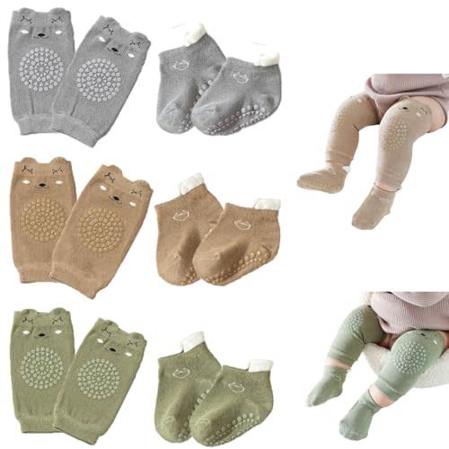 Baby Crawling Anti-Slip Knee Pads and Socks,Non Slip Ankle Grips Socks | High Quality Combed Cotton,6 Pairs Toddler Nonslip Kneepads & Ankle Socks,Baby Walker Essentials,Baby Crawling for 1-3T