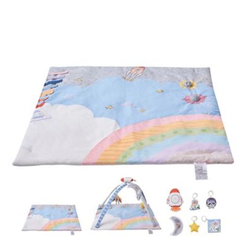 VEVOR Baby Play Gym Mat, Tummy Time Mat with 6 Sensory Toys, Baby Activity Mat with Light-up Musical Rocket Toy for 0-18 Month Newborn, Multicolor