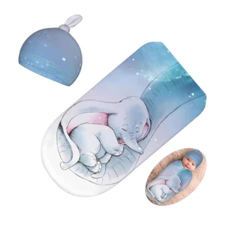 Qiankang Cute Elephants Newborn Swaddling Blanket Beanie Hat Sets Soft Baby Receiving Funny Animal Blanket Soft Sleeping Bag New Born Soft Sleep Sacks for Boys Girls