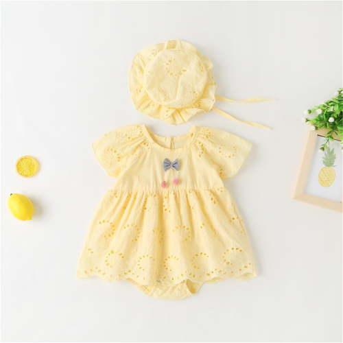 TOOYOU Baby Girl Bodysuits Cheap Toddler Girl Onesies Ruffles Sleeveless Lace Jumpsuit Clothing Set With Hat Breathable Rompers Yellow Size 3-6 Months