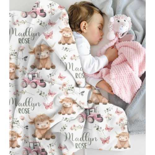 Highland Cow Baby Name Swaddle, Personalized Baby Blanket, Baby Girl Name Blanket, Girl Blanket with Highland Cow, Custom Farm Blanket