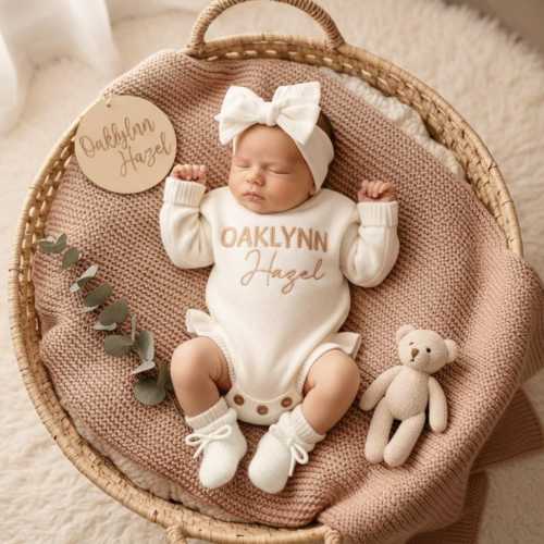 Custom Baby Name Romper, Embroidered Newborn Ruffle Romper Set, Knitted Baby Outfit, Coming Home Outfit,Baby Shower Gift,First Birthday Gift