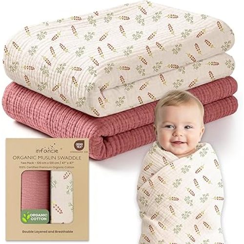 infancie Organic Cotton Muslin Baby Blanket - 47x47 Inch Breathable Swaddle, Hypoallergenic Double-Layer, Versatile Use (Pink Floral, 47x47 Inch)