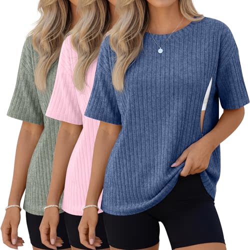 Ficerd 3 Pack Women's Oversize Nursing Breastfeeding Shirts with Hidden Zipper Ribbed Loose Fit Short Sleeve Maternity Tops