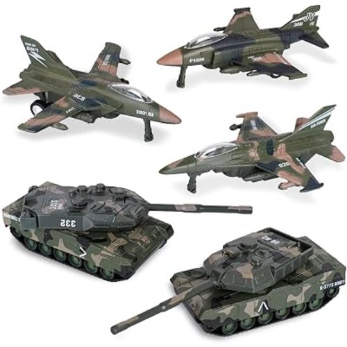 Crelloci 5 Pack Die Cast Fighter Jet Tank Toy, Pull Back Army Toys Vehicle Set, Camouflage Bomber Airplane Tank Vehicles, Military Air Force Playset for Kids Toddlers, Boys Age 3+ (B)