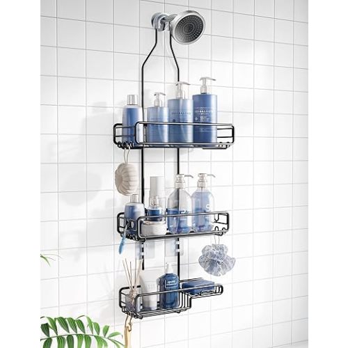 Shower Caddy Hanging Bathroom Organizer: Over Head Adjustable Rack for Tall Showerhead - Extra Large Storage Shelf for Big Shampoo Bottles with Soap Holder