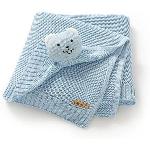 LAWKUL Baby Blanket Bear Lovey Soft Plush Security Blanket for Newborns Infants Boy Girl Knit Snuggle Comfort Blue 40x30in