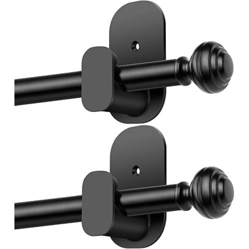 KAMANINA No Drill Curtain Rods for Windows 32 to 58 Inches, 5/8 Inch Renter Friendly Curain Rod 2 Pack Adjustable Drapery Rod with 3M Adhesive Brackets without Drilling, Black