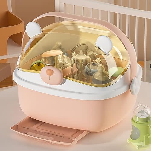 Baby Bottle Drying Rack Storage, Nursing Bottle Storage Box Organizer with Cover, Portable Kitchen Cabinet Organizer, Durable countertop Dryer (Cherry Blossom Pink)