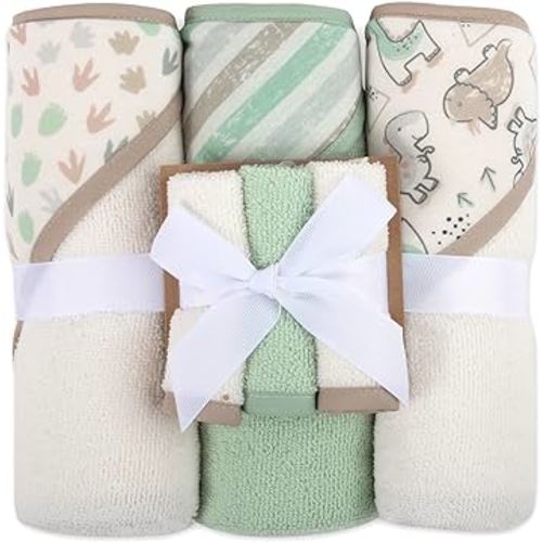 Hooded Baby Bath Towel and Washcloth 6 Piece Set for Newborns, Infants & Toddlers, Boys & Girls Baby Hooded Towels Set (Dinosaurs & Stripes)