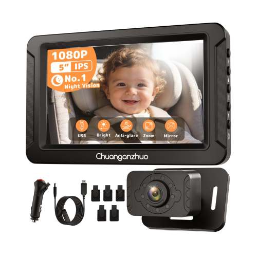 S100C Baby Car Camera USB Powered, Crystal Clear Auto IR Night Vision in Total Dark, Adjust Brightness & 1080P 5" IPS Monitor, 3X Zoom & 360° Rotating Backseat Camera for Rear or Forward-Facing