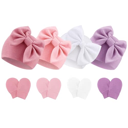 Newborn Baby Hats and Mittens Set Infant Bow Beanie Cap Toddler Gloves Newborn Hospital Hats for Baby Boy Girl 0-6 Months