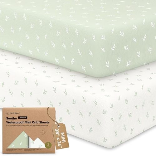 2 Pack and Play Sheets, Waterproof Mini Crib Sheets Fitted - 38x26 Organic Cotton Pack N Play Sheets for Graco Pack and Play Mattress, Playard Baby Crib Sheets,Neutral for Boy,Girl,Toddler(Blue Flax)