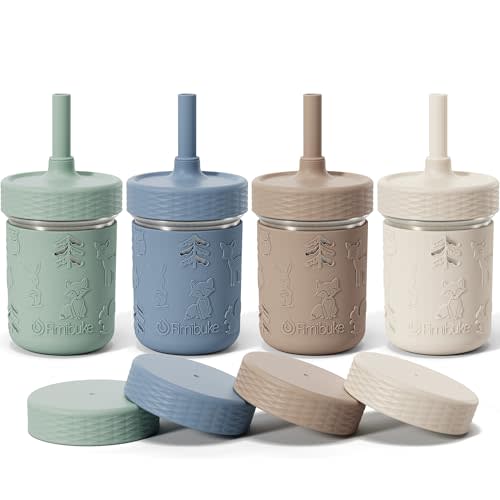 Fimibuke Toddler Cups Spill Proof, 8 OZ Sippy Cups for Kids Girl Boy, Stainless Steel Tumbler with Lid, Removable Silicone Straw & Sleeve, BPA Free Dishwasher Safe Water Bottle Snack Container 4 Pack