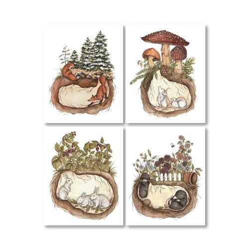 Burrow Series Art Prints: Whimsical Folk Art, Children's Gallery Wall, 4 Piece Set
