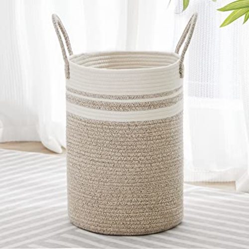 VIPOSCO Tall Laundry Hamper, Woven Rope Storage Basket for Blanket, Toys, Dirty Clothes in Living Room, Bathroom, Bedroom - 30L Brown & White