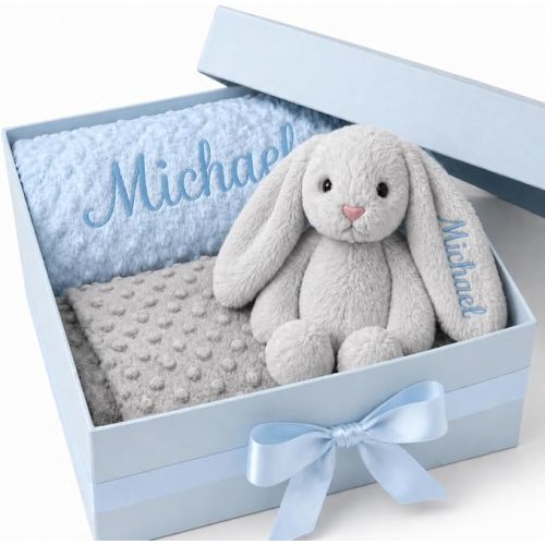 Personalized Baby Blanket & Plush Bunny Set, Custom Baby Blanket Embroidered with Name, Double Layer Dotted Backing Swaddle for Toddler, Baby Shower & New Baby Gift Set for Boys
