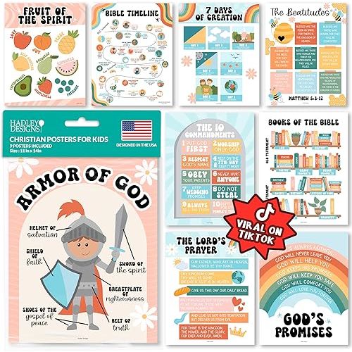 Hadley Designs Sunday School Decorations for Classroom –9 Bible Posters for Kids, Books of the Bible, 10 Commandments, Bible Timeline Chart, Fruits of the Spirit, Retro Christian Classroom Decor