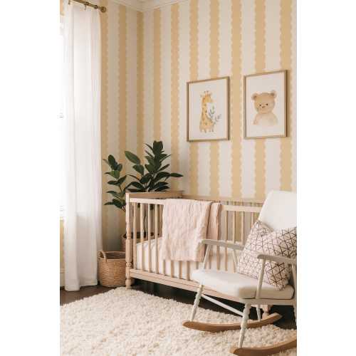 Yellow Scallop Peel & Stick Removable Wallpaper, Light Stripe Wall Art, White Temporary Wallpaper