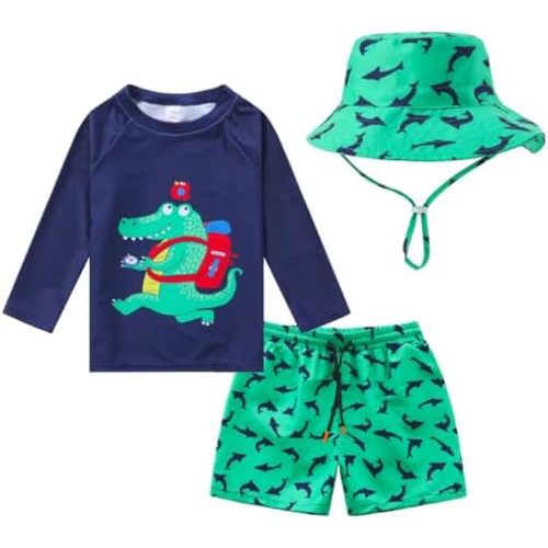 Toddlers and Baby Boys' 3-Piece Swimsuit Trunk and Rashguard Sun Hat Set