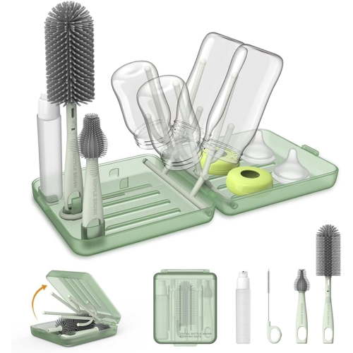 Travel Bottle Brush, Baby Travel Essential Bottle Cleaner Kit with Silicone Bottle Brush, Nipple Cleaner Brush, Straw Brush, Soap Dispenser, Storage Box, Bottle Drying Rack for Home and Travel(Green)