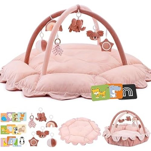 5-in-1 Baby Activity Gym & Play Mat with 6 Hanging Toys, Tummy Time Mat & Cards - Extra Large, Reversible Machine Washable Pad - Gift for Newborns, Infants 0-12 Months, Pink
